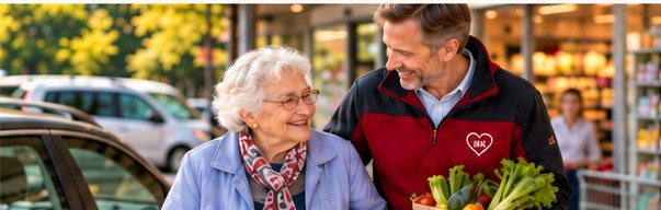 Männlicher Betreuer begleitet eine Seniorin beim Einkauf
